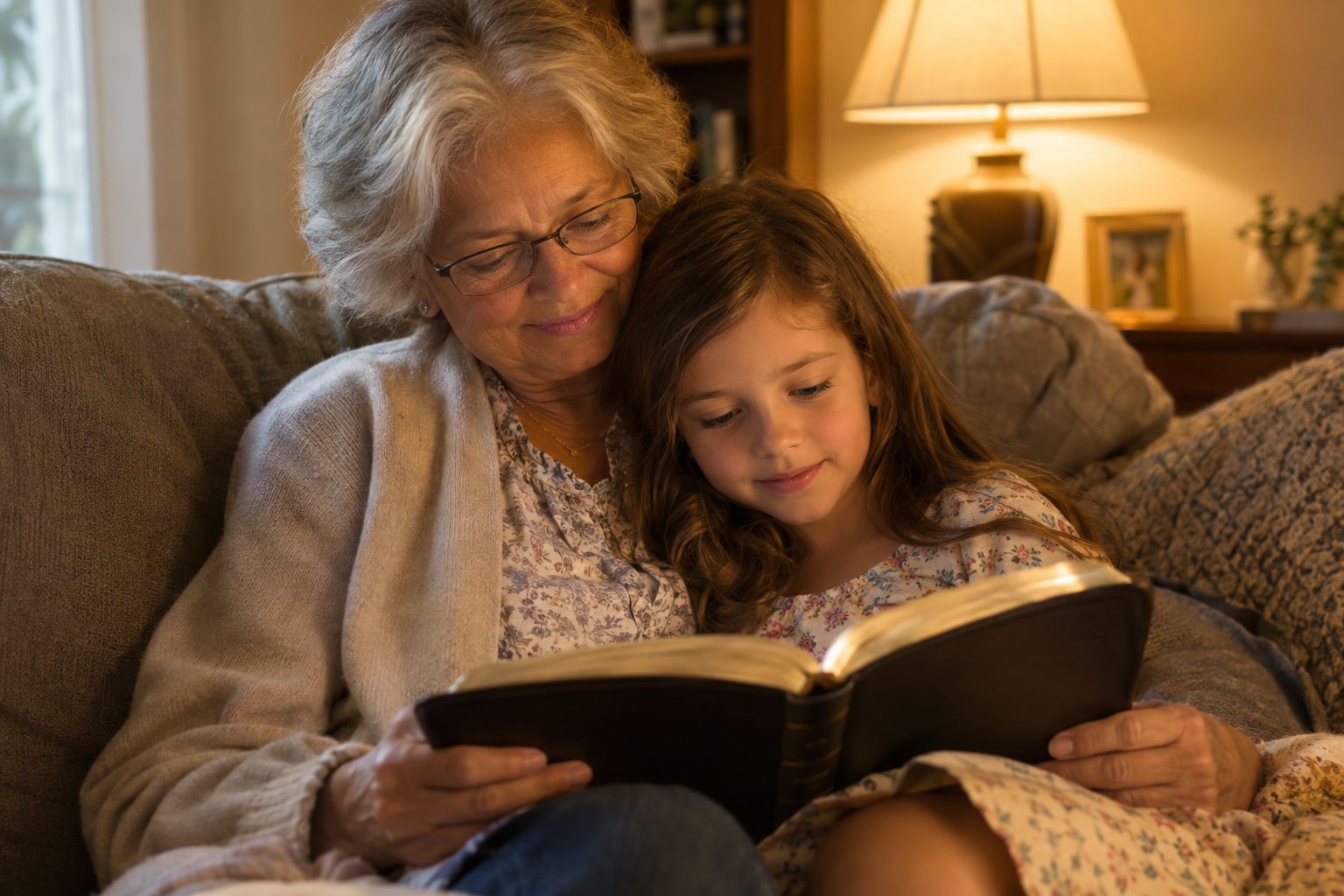 Grandmother reading the Bible with her granddaughter